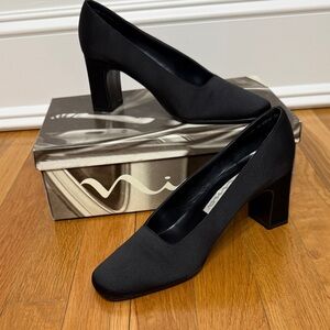 Nina Black Square-Toe Satin Block Heel Pumps